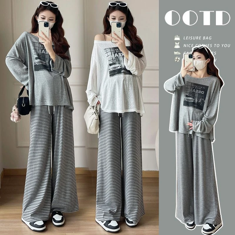 孕妇装2025早秋新款韩版气质减龄防晒长袖条纹抽绳阔腿裤两件套潮