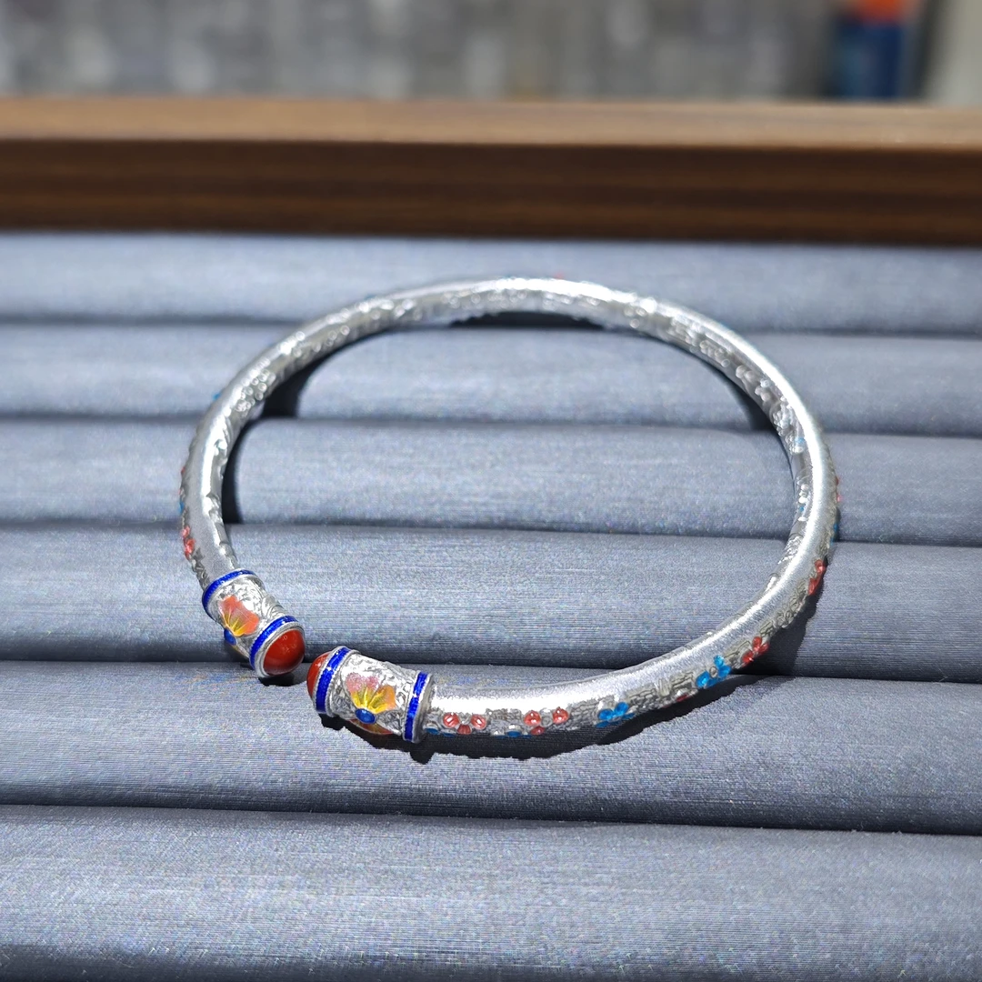 足银手镯 足银珐琅彩小花手镯5672