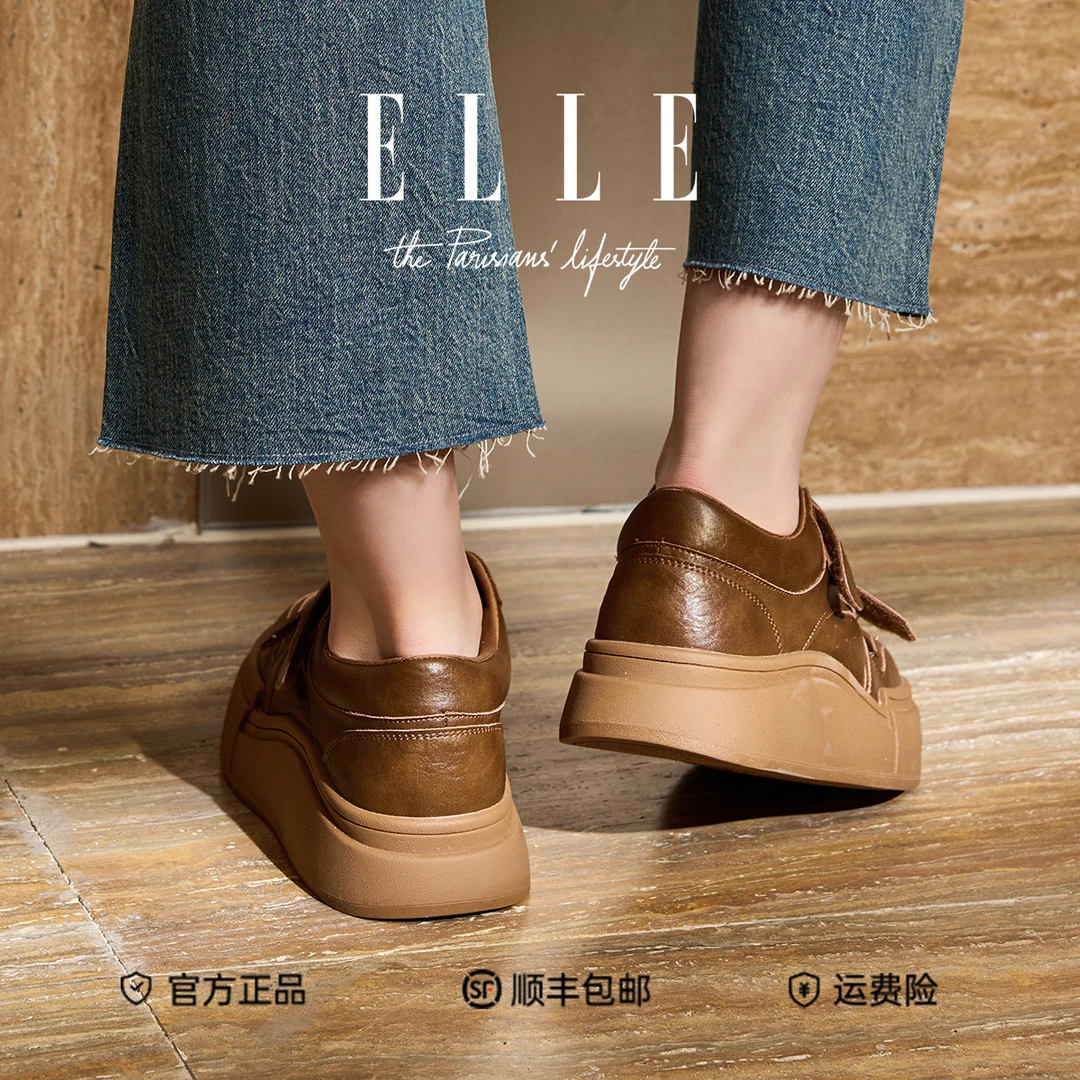 ELLE小胖丁真皮小白鞋女款魔术贴大头面包鞋厚底增高运动休闲板鞋