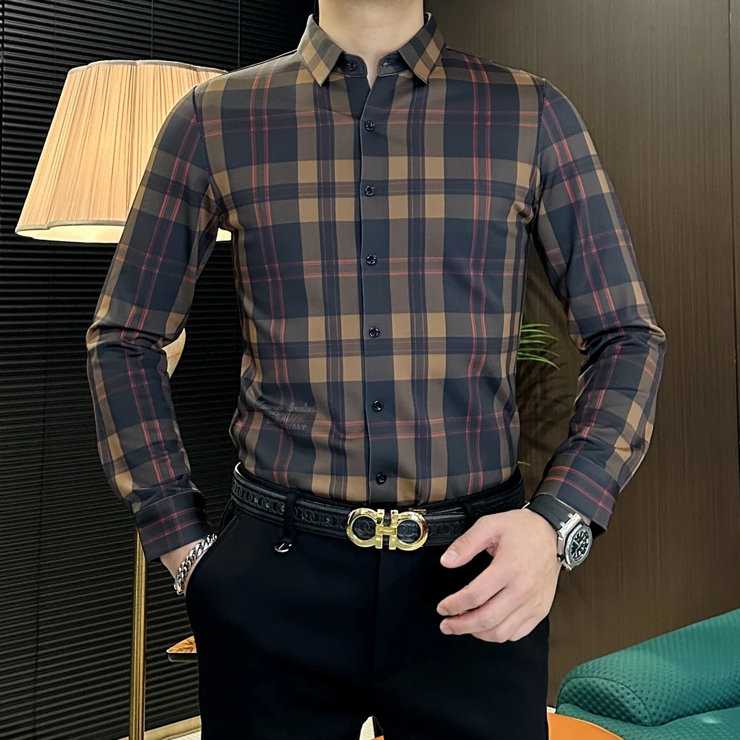 高端男士加绒加厚冬季时尚格纹提花显瘦翻领长袖衬衫