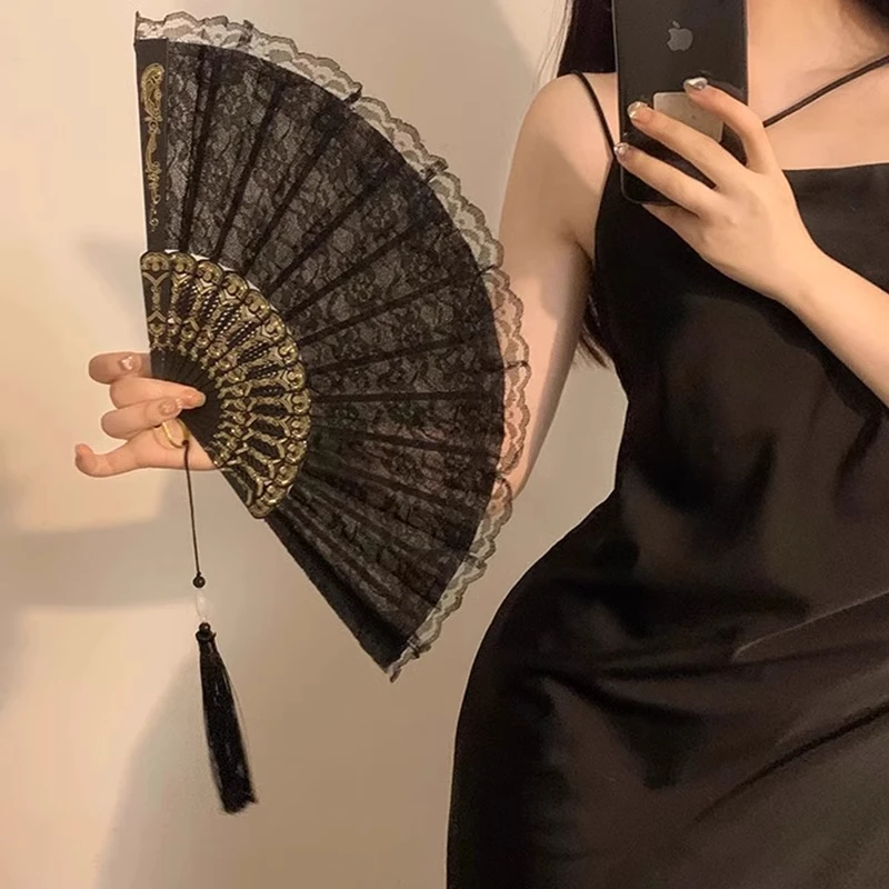 新中式复古黑色蕾丝折扇洛丽塔旗袍扇子流苏古风拍照道具中华娘