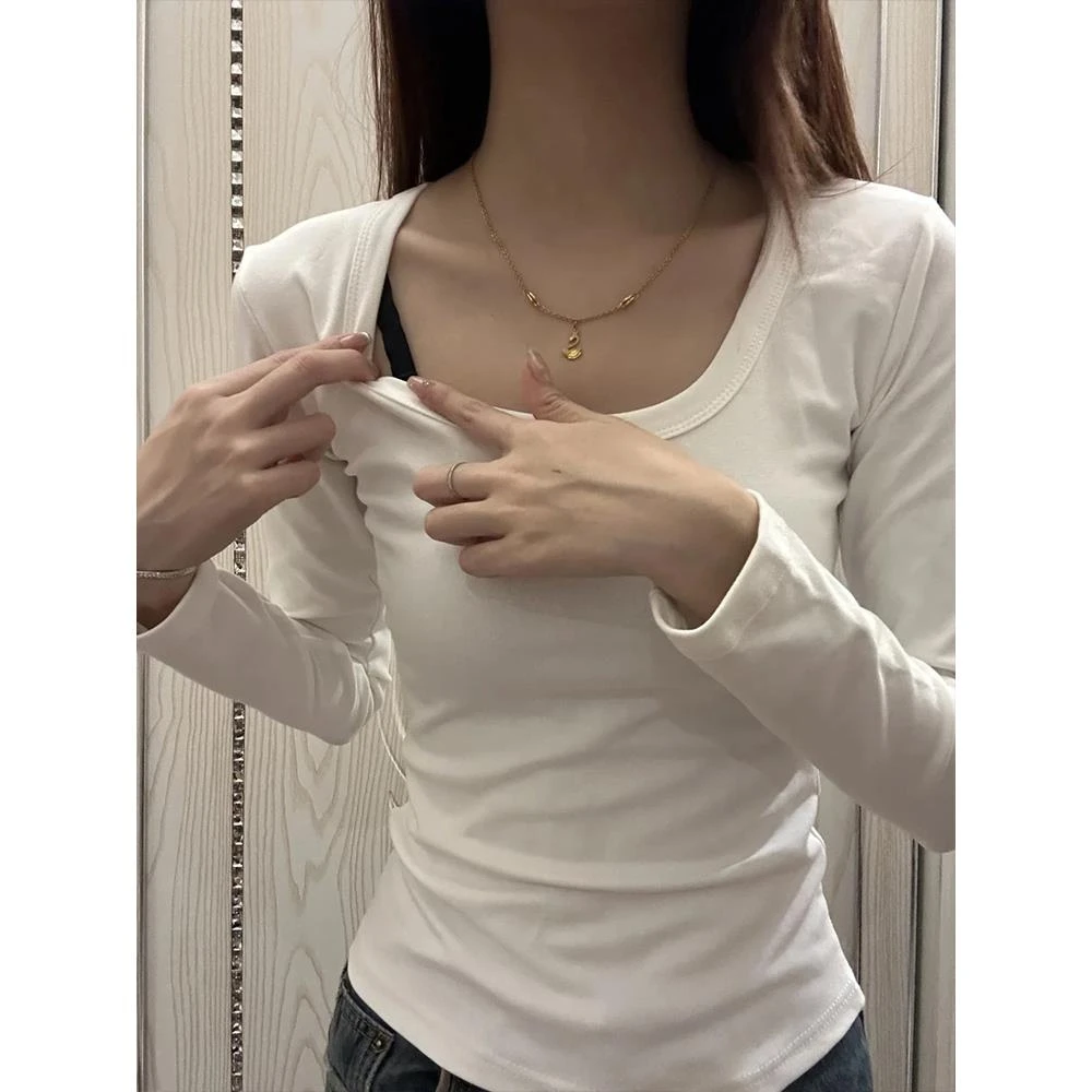 白色含棉内搭秋冬女士基本底衫右肩纤细u型领长袖t恤百搭上衣