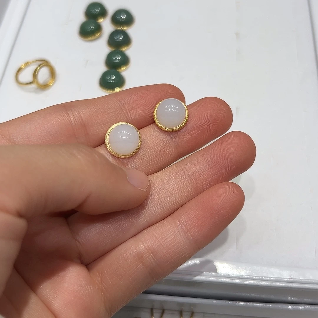 银S925镶嵌和田玉耳饰泡*