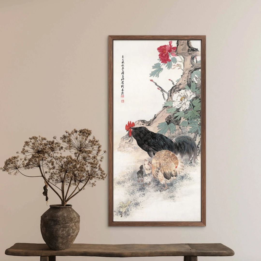 156-35*68公鸡图中式装饰画木框玄关书房茶室客厅挂画