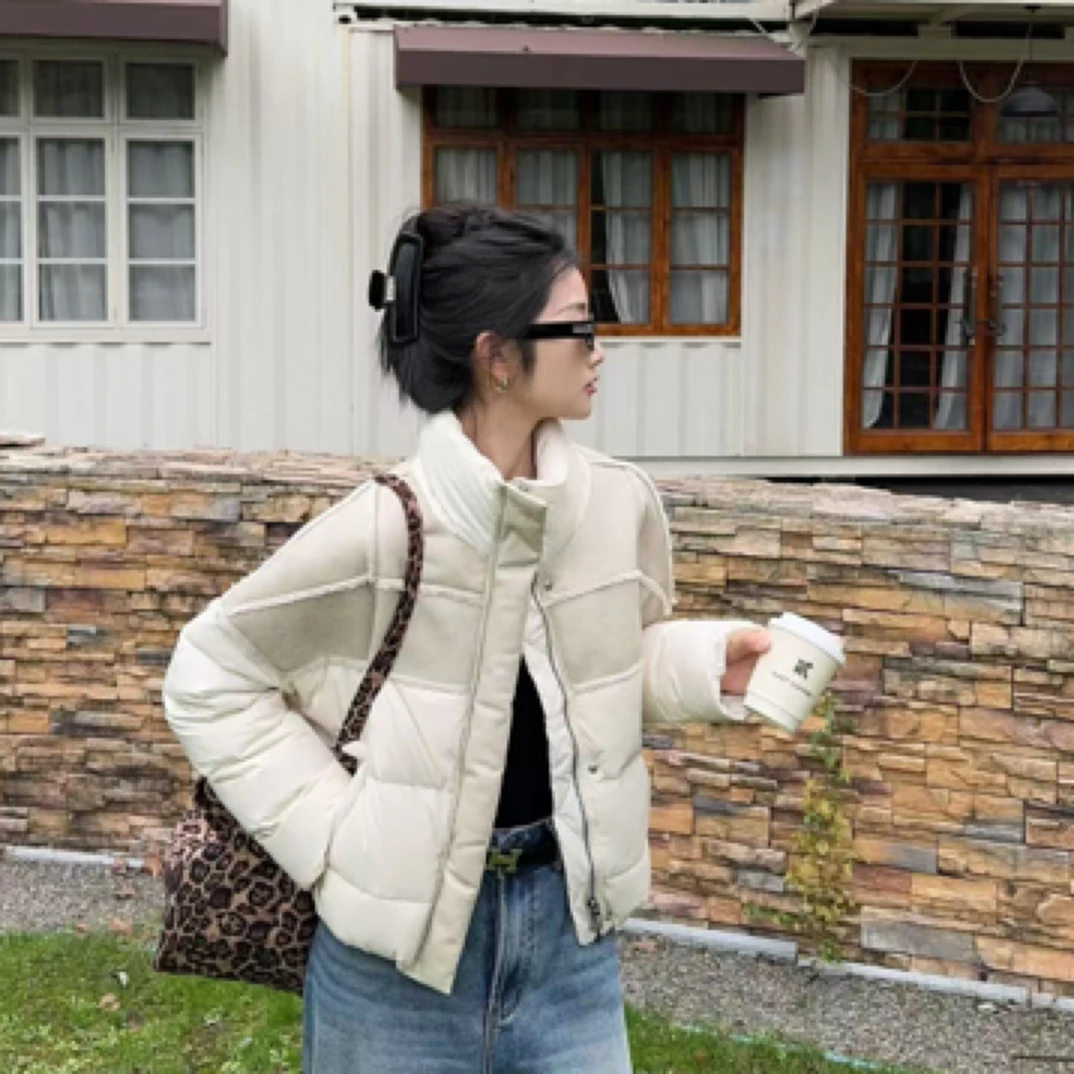 FCEO 拼皮短款无帽加厚棉服韩版百搭潮流女款羽绒服