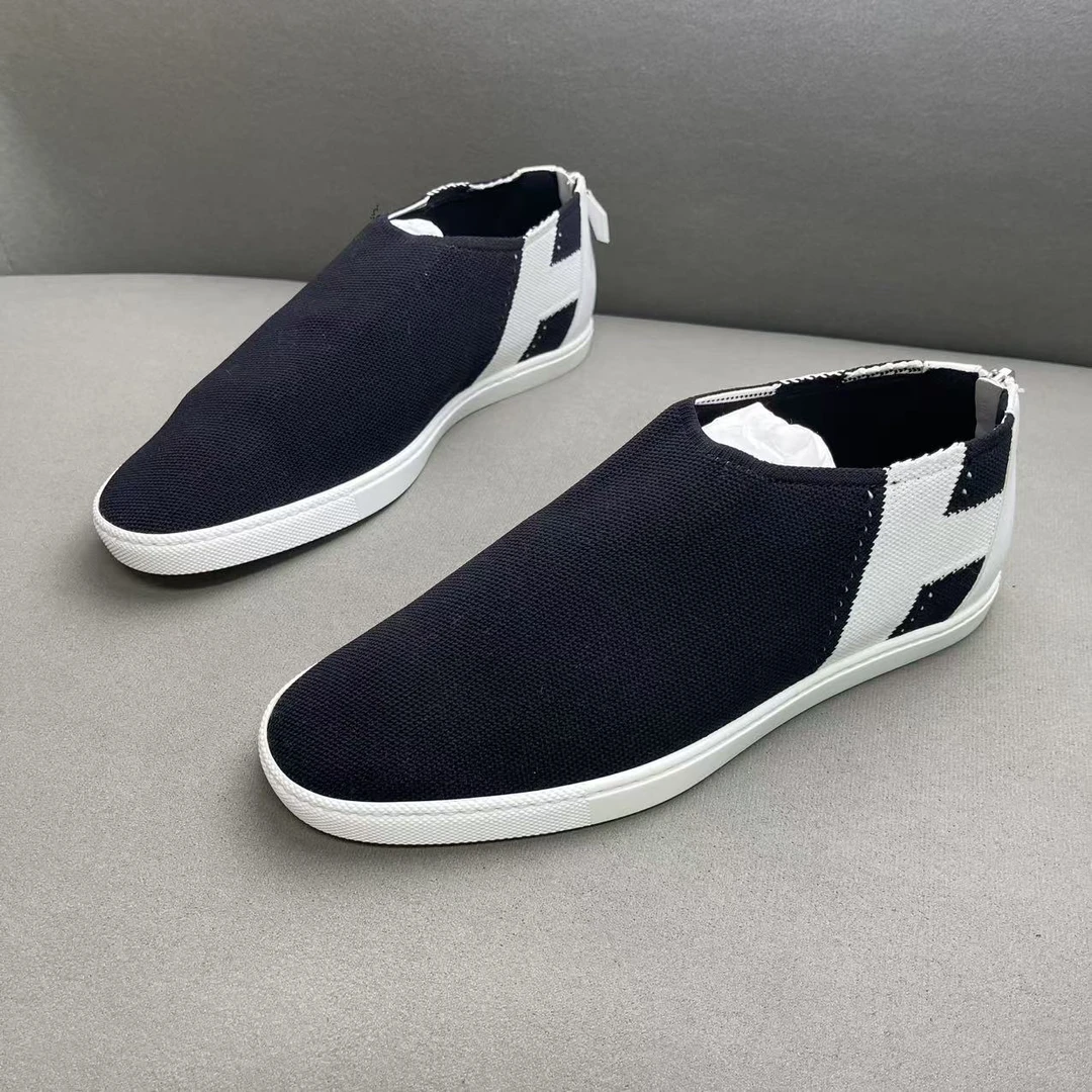未使用 Hermes/爱马仕 黑白色编织网面大logo一脚蹬 40.5码/全新