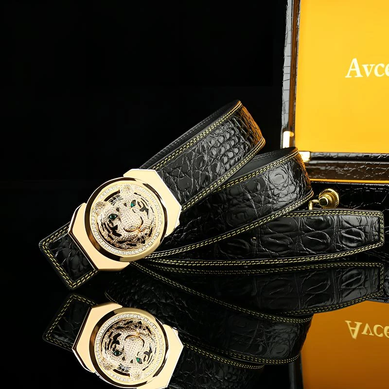 男士不锈钢老虎扣皮带金边鳄鱼皮腰带新款时尚个性真皮裤腰带潮男