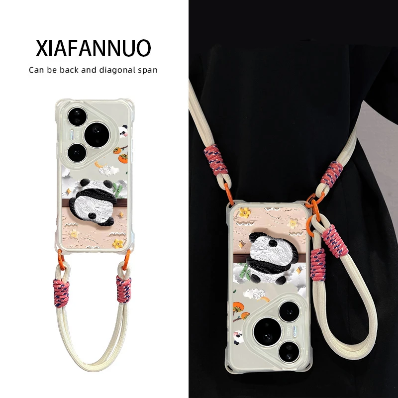 熊猫适用华为pura80pro手机壳新款p70ultra十+带挂绳斜挎可爱卡通