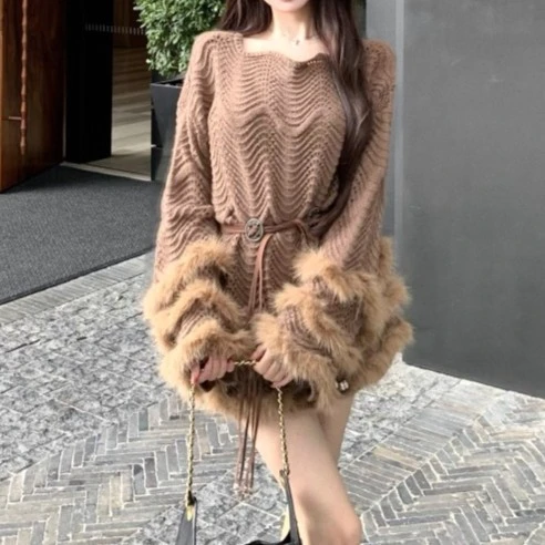 2025秋季新款复古休闲毛绒拼接长袖针织连衣裙女显瘦高腰毛衣裙子