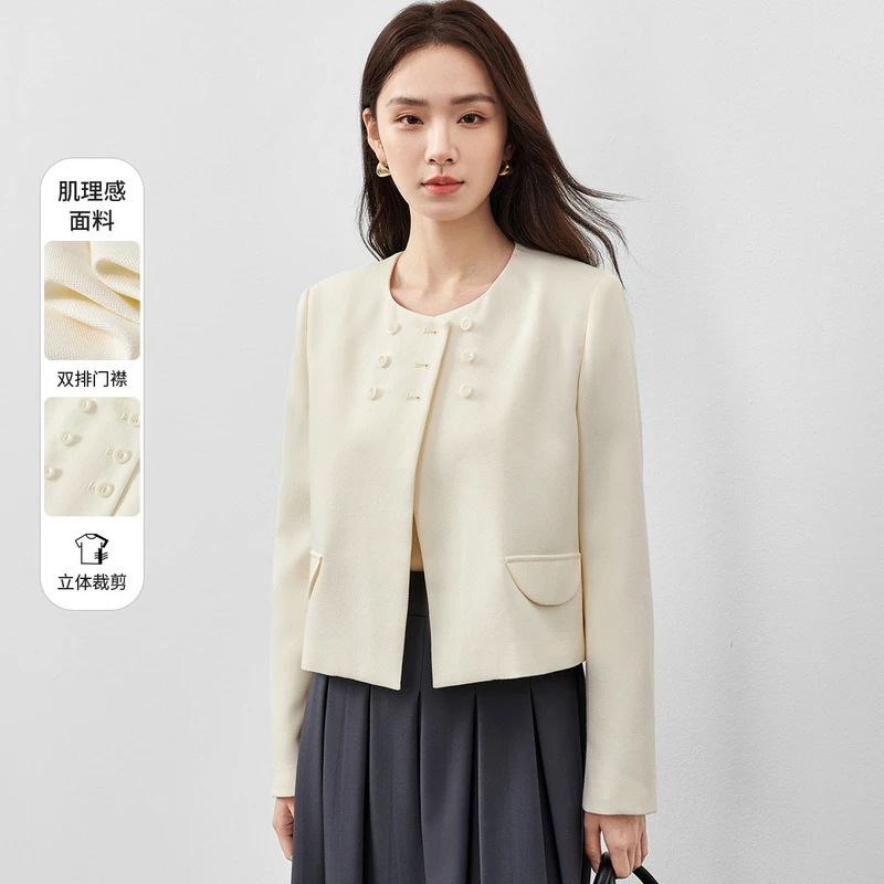 尚都比拉轻奢垫肩外套春季新款高级感短款圆领杏色气质上衣58429