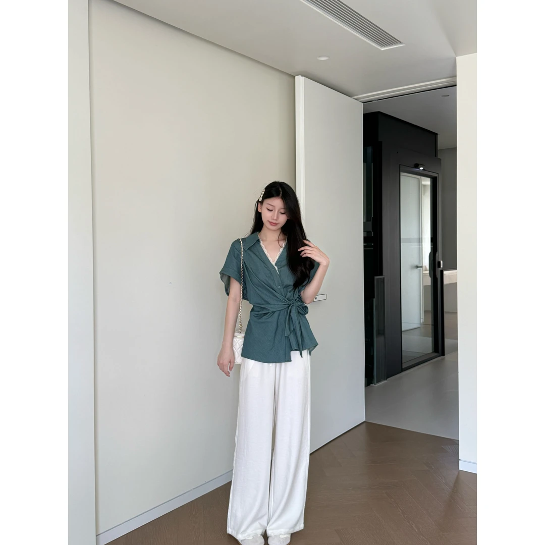 法式不规则侧绑带收腰蕾丝衬衫宽松显瘦无短袖上衣2025夏新款