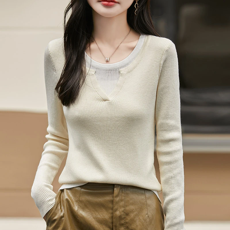 高端轻奢简约长袖毛针织衫春秋精纺羊毛百搭套头打底衫女时尚毛衣