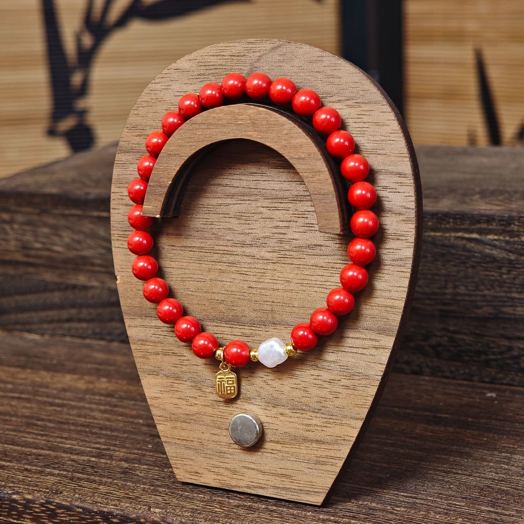 含辰砂工艺品【万雪】高含量天然水飞红砂天然巴洛克珍珠手串高定款