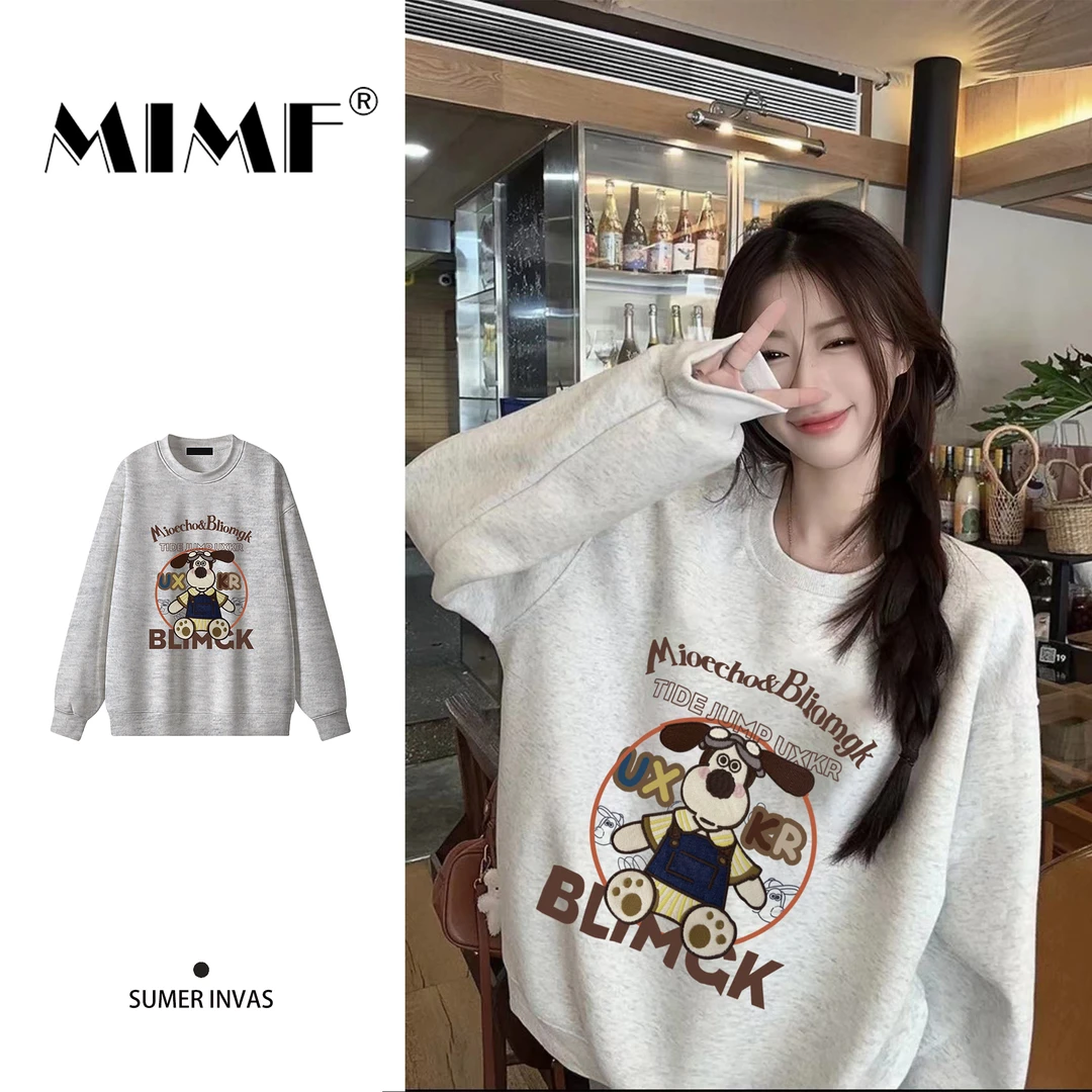 mnmf2024秋冬新款韩版卡通小狗字母印花连帽卫衣女宽松百搭上衣女