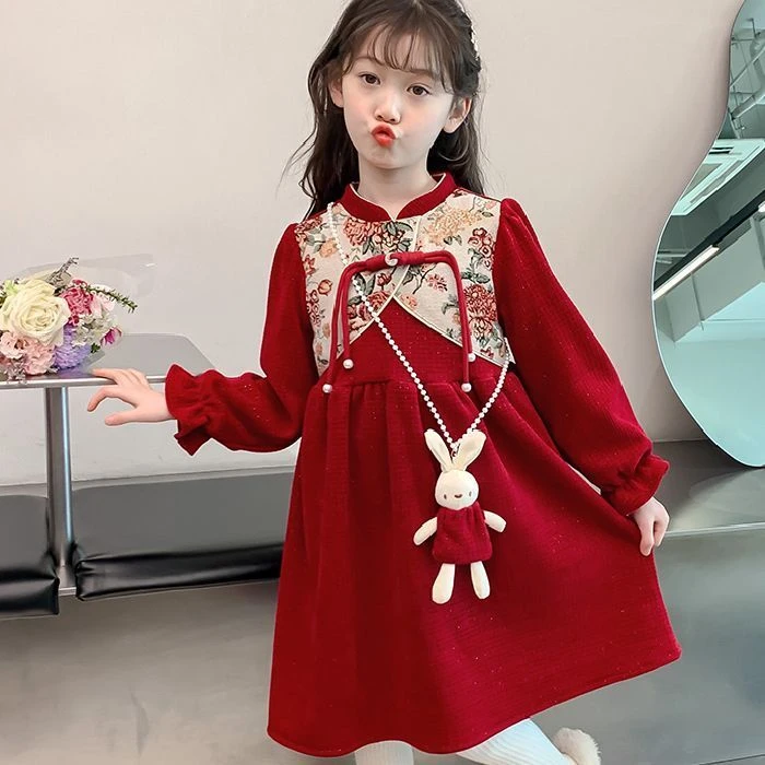 女童旗袍2025新款秋冬加绒连衣裙儿童新中式国风唐装女孩红色裙子