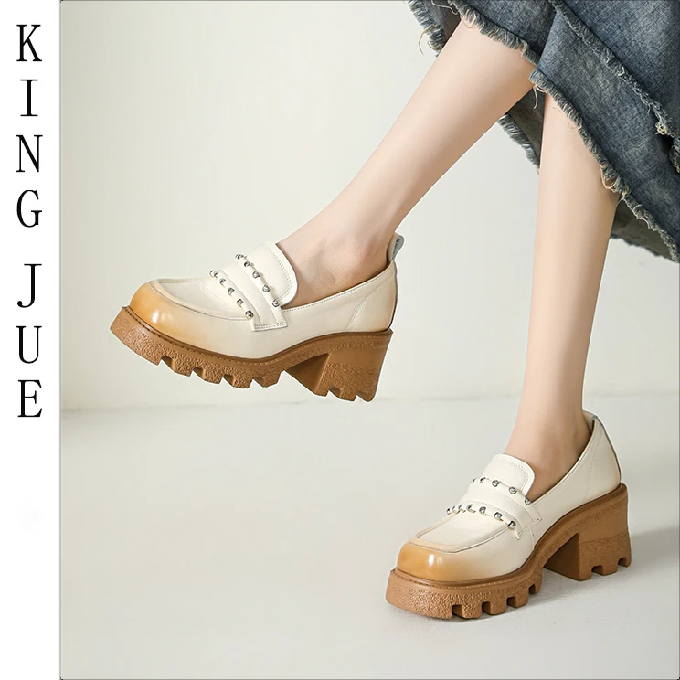 【王爵/】拜年穿搭厚底乐福鞋/防滑软底粗跟黑色小皮鞋珍珠真皮女鞋