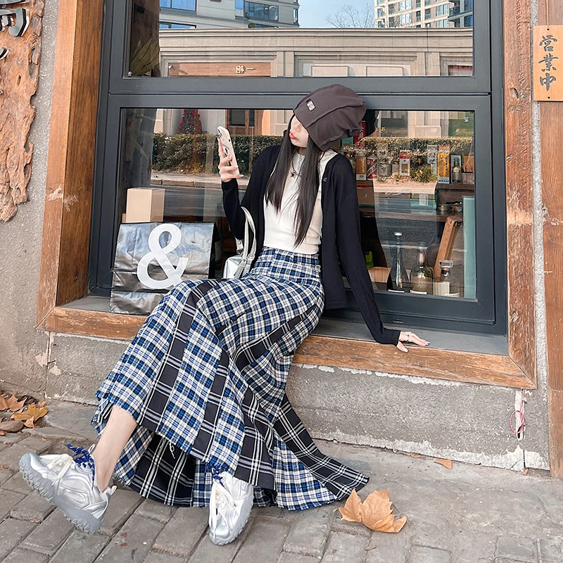 llxc1609格纹半身裙女2025秋冬毛边拼接高腰显瘦A字百褶中长裙