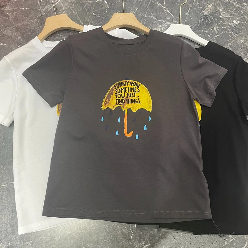 小雨伞印花纯棉高品质大版短袖T恤女宽松休闲时尚纯棉中长款短袖