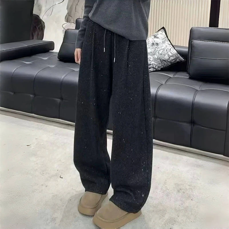 高级感细闪阔腿裤女2024秋冬新款加厚保暖抽绳松紧腰休闲裤弯刀裤