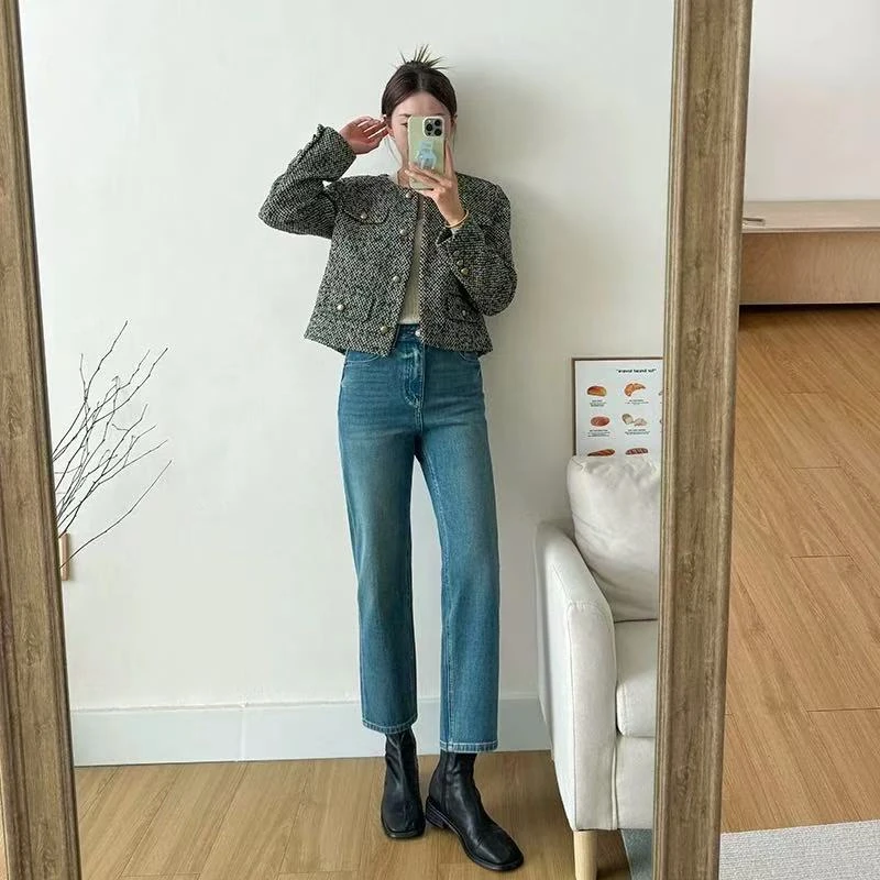 【趁】加绒~法棍牛仔裤女2024秋冬款高腰显瘦直筒裤