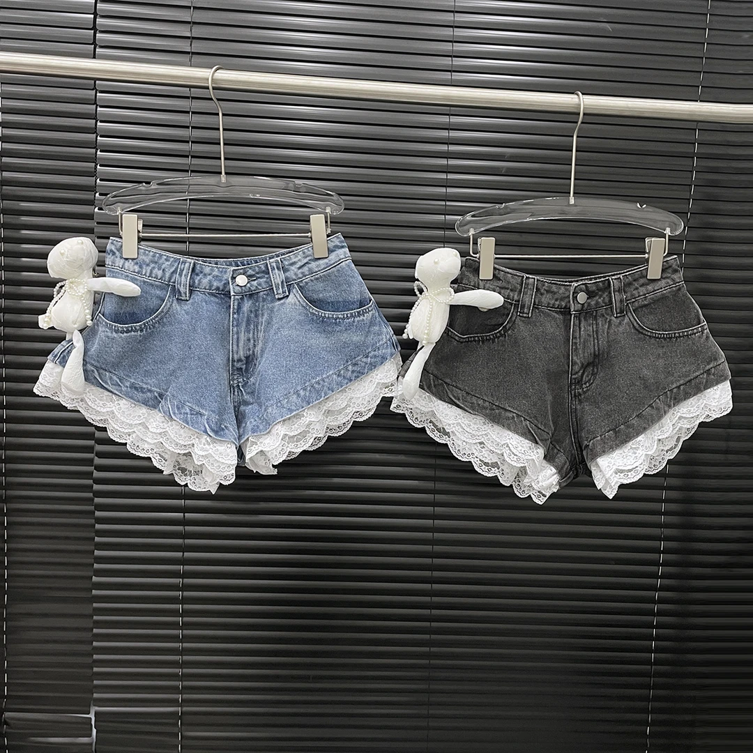 付新博女装蕾丝花边牛仔短裤女小众设计感百搭配小熊牛仔裤14036