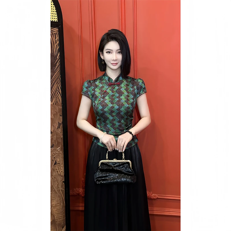 格娜新中式夏季新款旗袍衬衫时尚气质独特漂亮小衫优雅修身女上衣