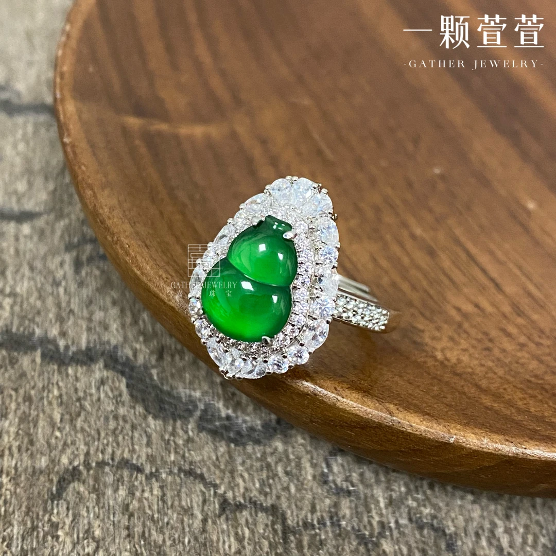 【满禄葫芦】一颗萱萱天然翡翠葫芦戒指可调节630046满绿气质