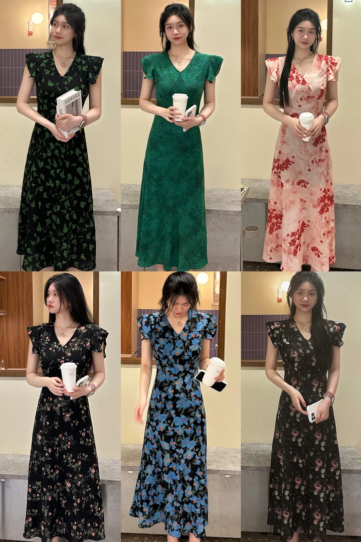 【Alin】小飞袖～V领45度斜裁显瘦法式气质时尚花卉收腰连衣裙