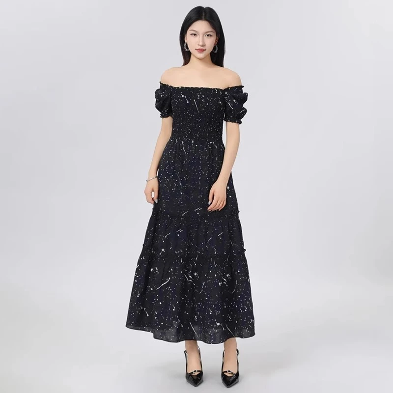 AMAS【专柜哥家】商场同款夏新款方领一字肩星空连衣裙长裙女150014