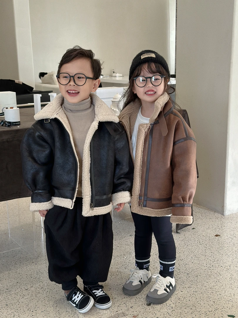 新款皮毛一体儿童外套童装男童加绒加厚女童洋气时尚休闲保暖