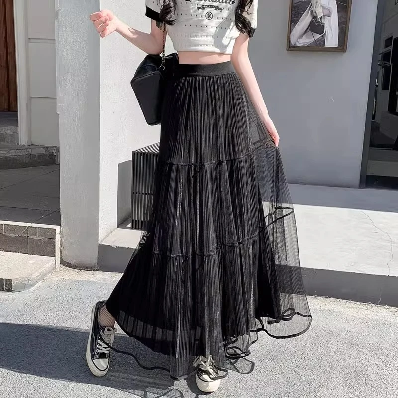 拉夏贝尔2025初秋新款法式百褶网纱半身裙女高腰纱裙A字大摆伞裙