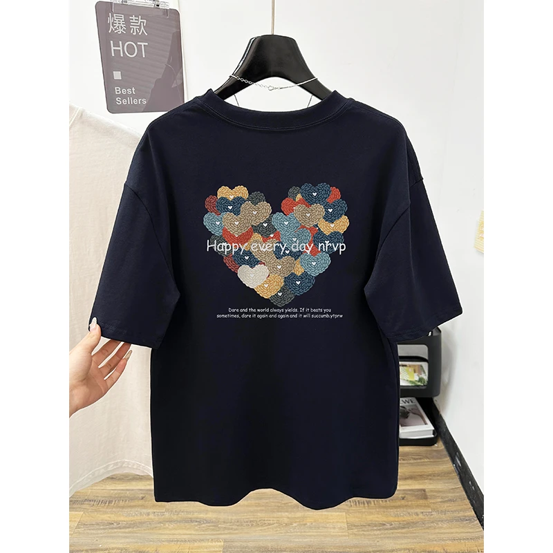 纯棉大码短袖T恤女夏季2025新款宽松时尚设计感爱心印花半袖上衣