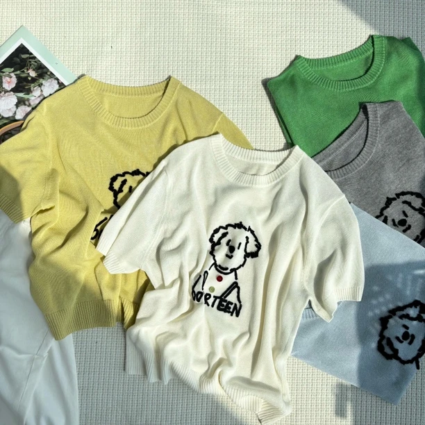 ［春春定制］新款韩版百搭修身显瘦时尚刺绣狗圆领针织短袖上衣6331