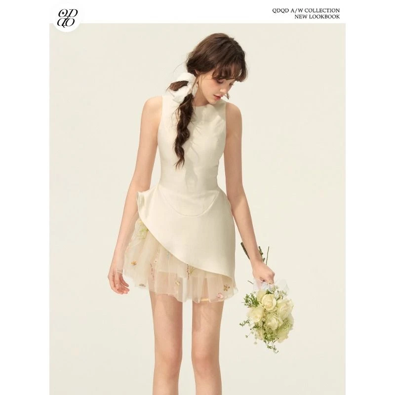 白色气质芭蕾风蓬蓬裙收腰修身显瘦不规则下摆无袖背心裙子