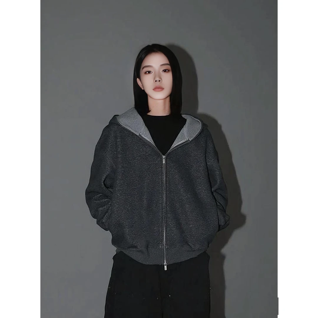 美式复古拼色休闲开衫百搭卫衣情侣宽松时尚潮流秋季新款重磅外套