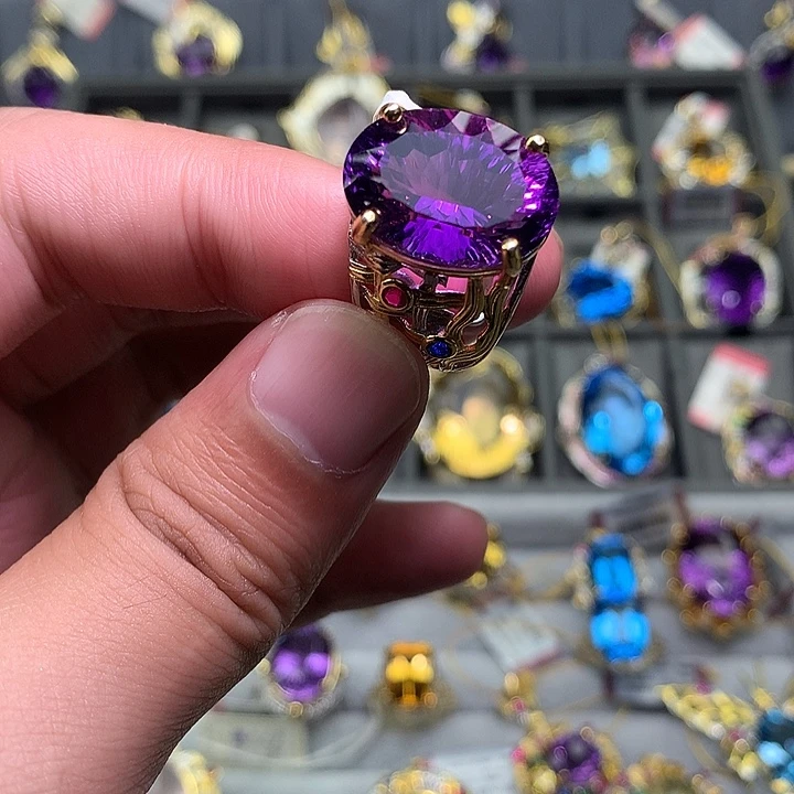 戒指银S925镀金镶嵌水晶