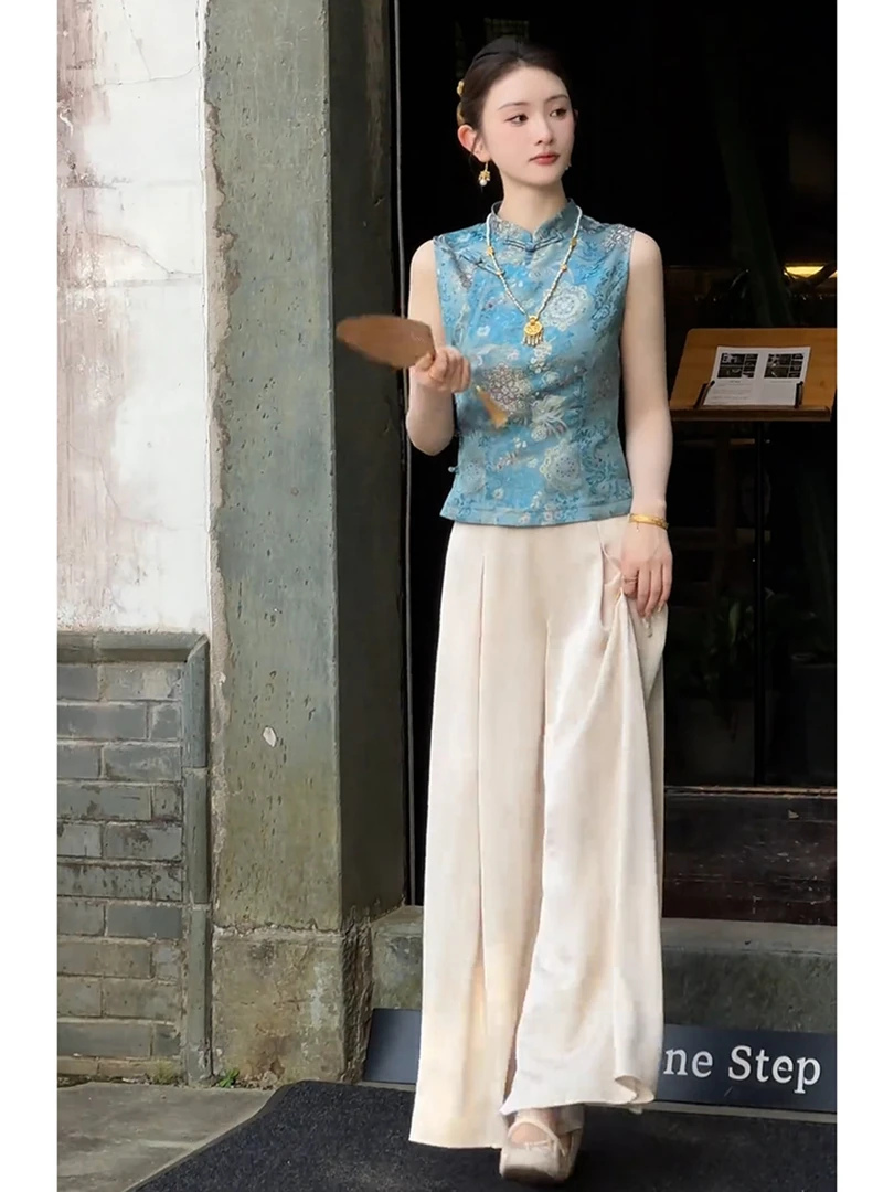 清冷贵气感穿搭轻奢高级感新中式国风蓝色提花上衣休闲裤套装女夏