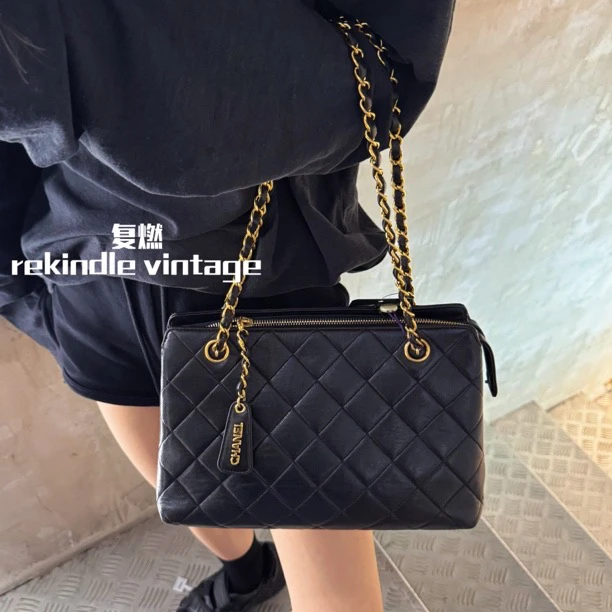 95新 Chanel/香奈儿 复燃精选/黑金菱格纹奶粉链条单肩包