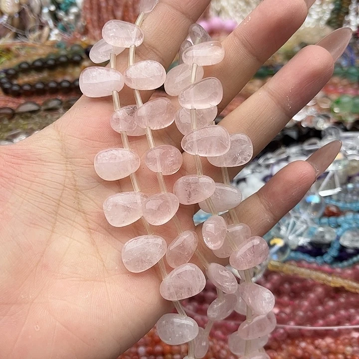 玛瑙/玉髓未镶嵌珠宝半成品一条粉晶侧孔水滴片珠