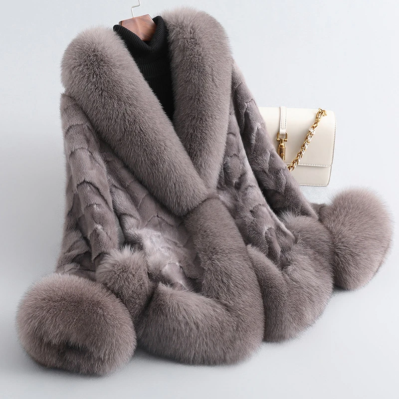 水貂毛皮草貂皮大衣女拼貂短款2024冬季海宁狐狸毛领保暖裘皮外套