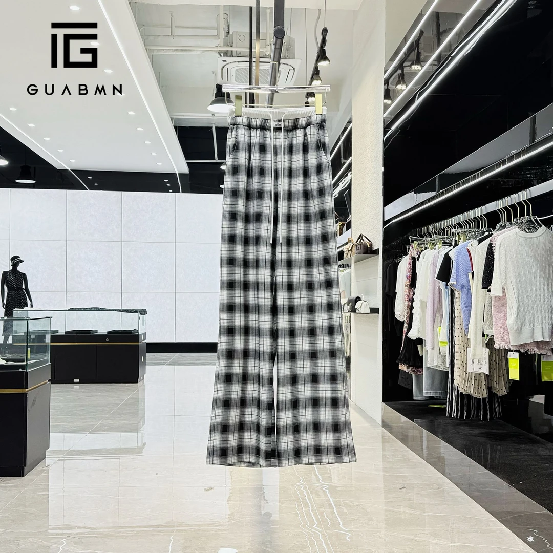 GUABMN2025夏季新款休闲简约宽松直筒裤百搭黑白格纹阔腿裤5255
