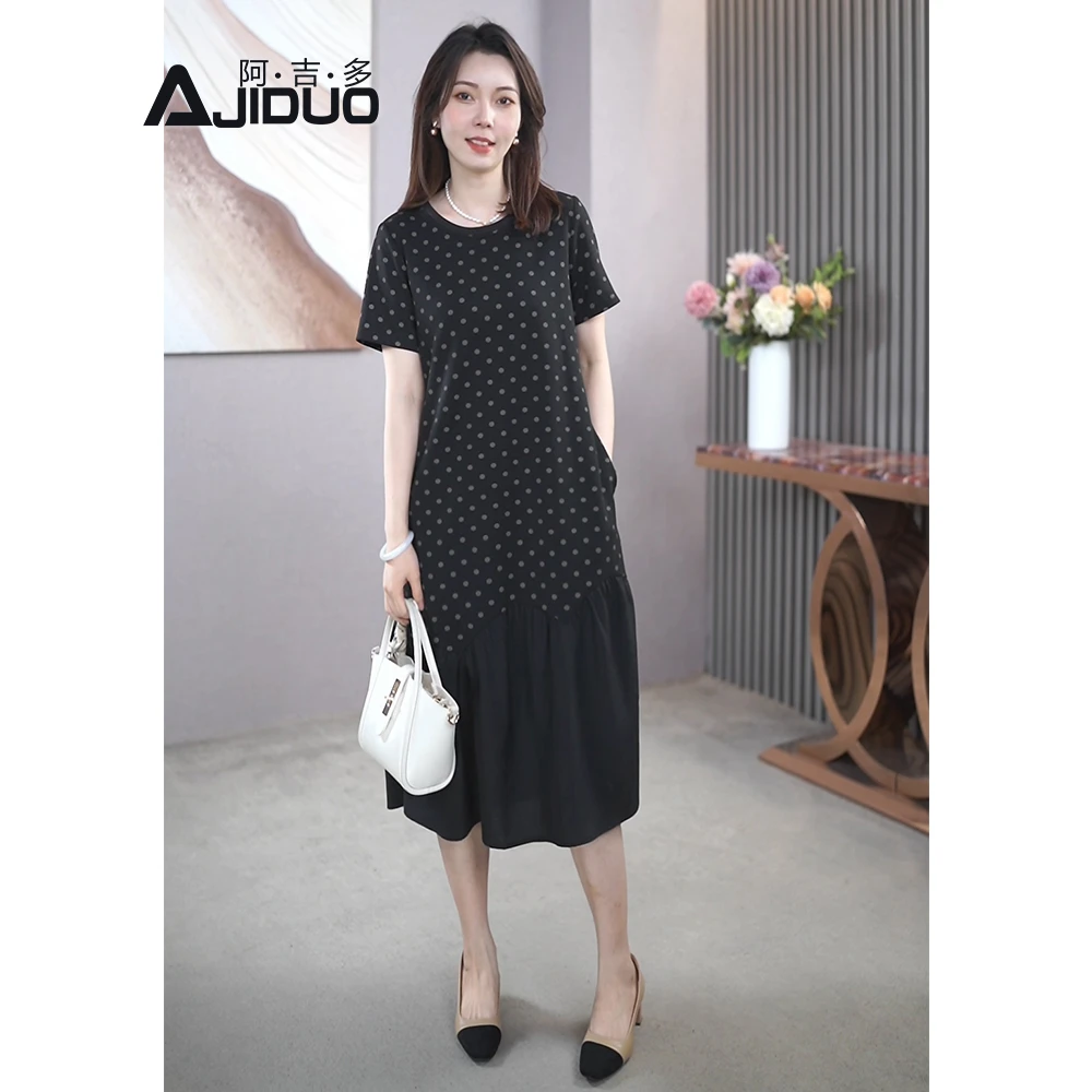 阿吉多A21801黑色波点连衣裙女圆领休闲大码短袖宽松减龄洋气裙子