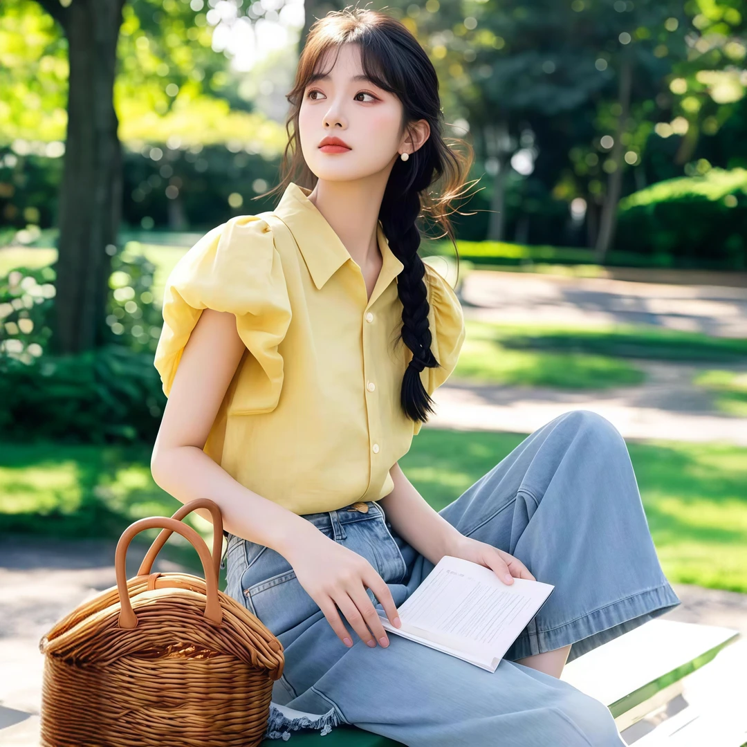 法式黄色泡泡短袖2025夏装新品飞飞袖显瘦韩系小清新减龄百搭衬衫