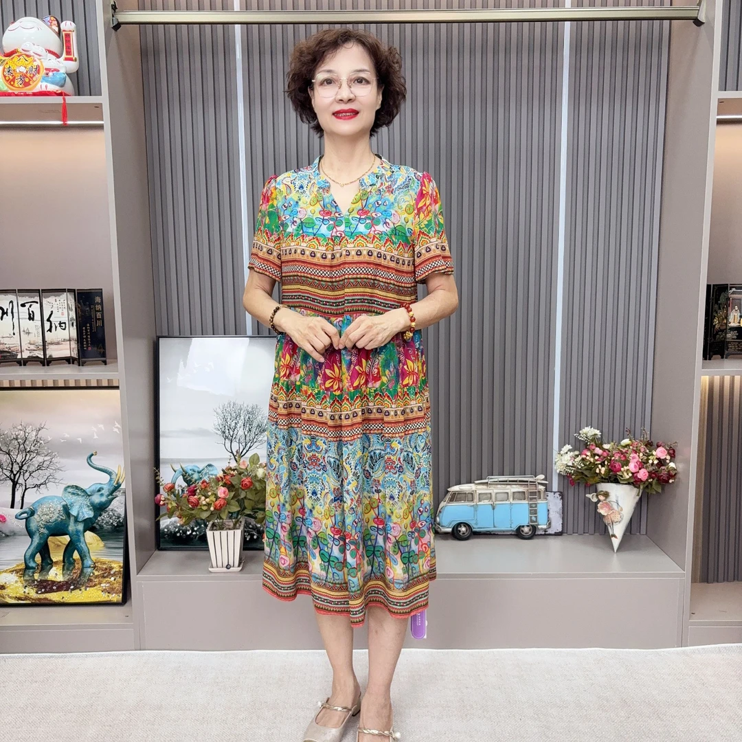 【LU-JIE 039】妈妈装中老年女装优雅夏季清凉艺术色彩沙滩连衣裙