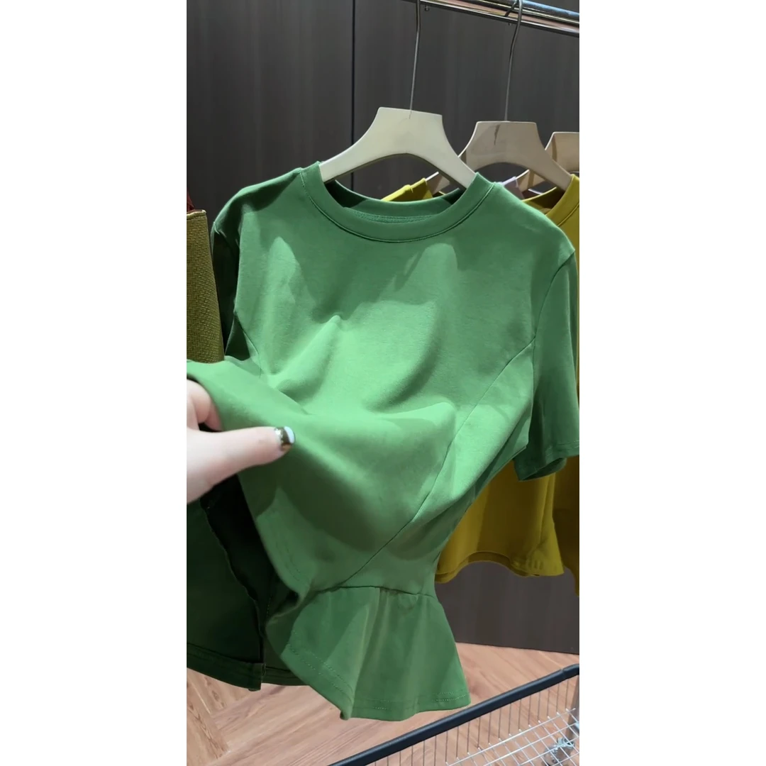 夏季新款百搭显瘦女款蚂蚁腰拼接荷叶边短袖T恤