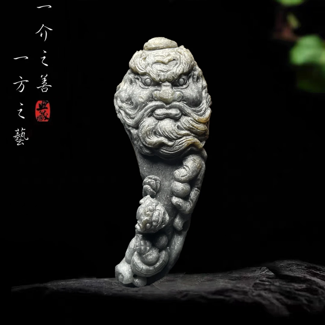 合一堂翡翠工作室定制展示：糯种乌鸡带黄《钟馗伏魔》手把毛货珠宝