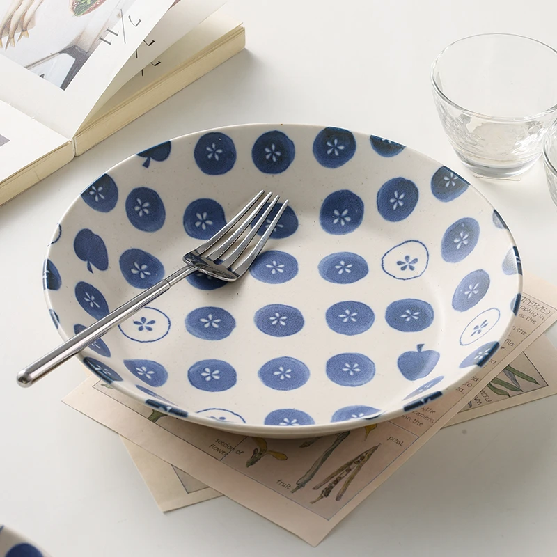 小鹿田烧日本进口圆盘餐盘蓝染苹果系列釉下彩