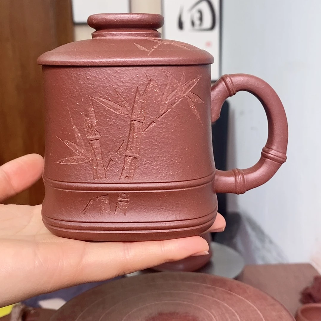 茶杯紫砂微瑕竹节四方盖杯
