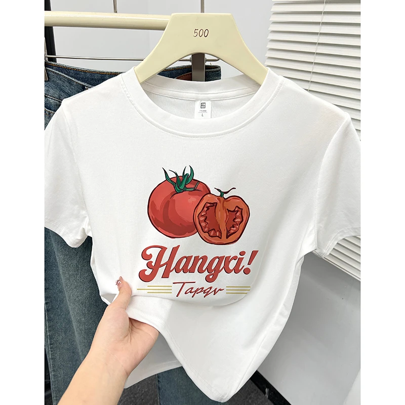 白色正肩短袖T恤女2025夏季西红柿印花通勤休闲圆领小个子上衣服