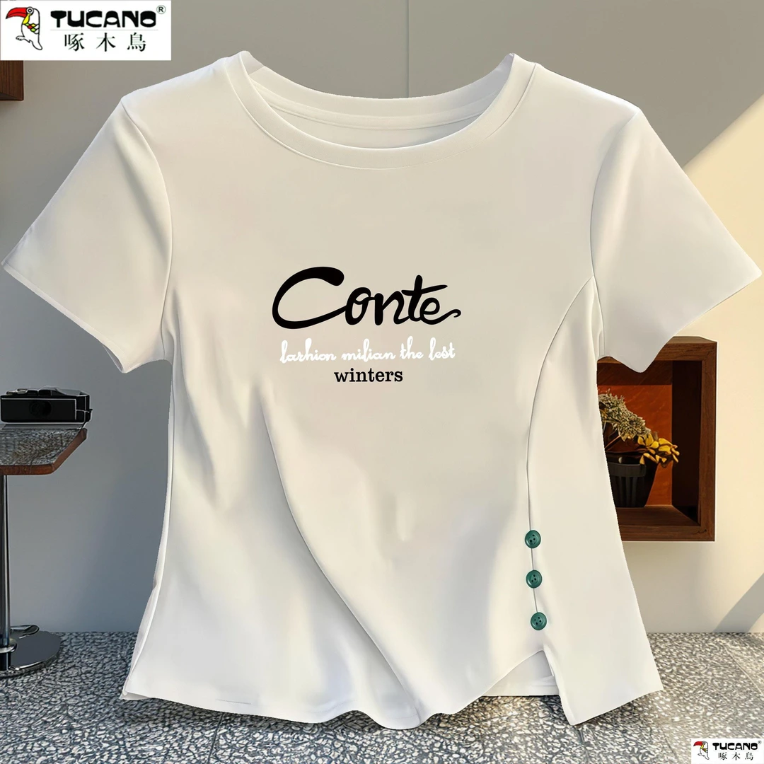 啄木鸟纯棉短袖t恤女2025夏季新款宽松百搭白色短款体恤女上衣